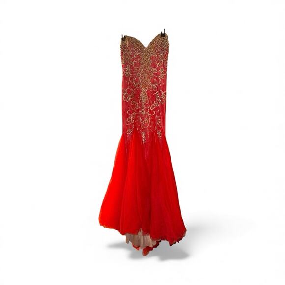 Mac Duggal Red and Gold Strapless Prom Dress - Picture 2 of 16